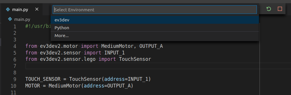 Screenshot of ev3dev-browser VS Code extension showing debuggers for Python