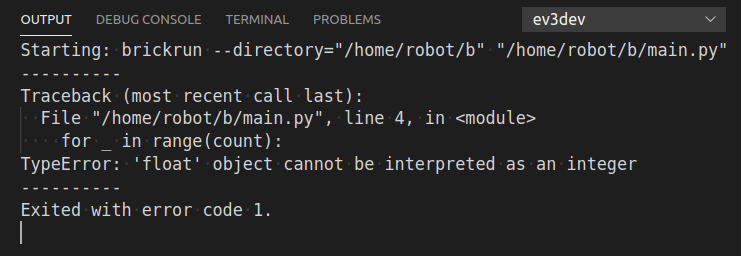 Screenshot of ev3dev-browser VS Code extension output pane showing Python crash