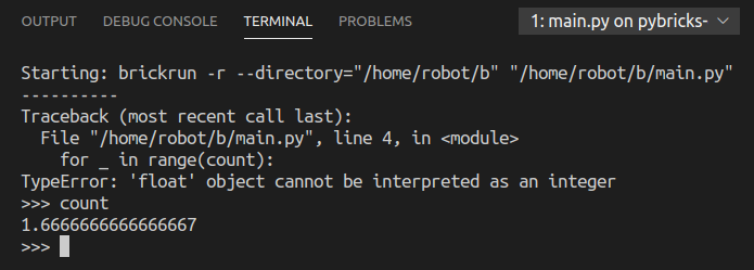 Screenshot of ev3dev-browser VS Code extension terminal pane showing Python REPL