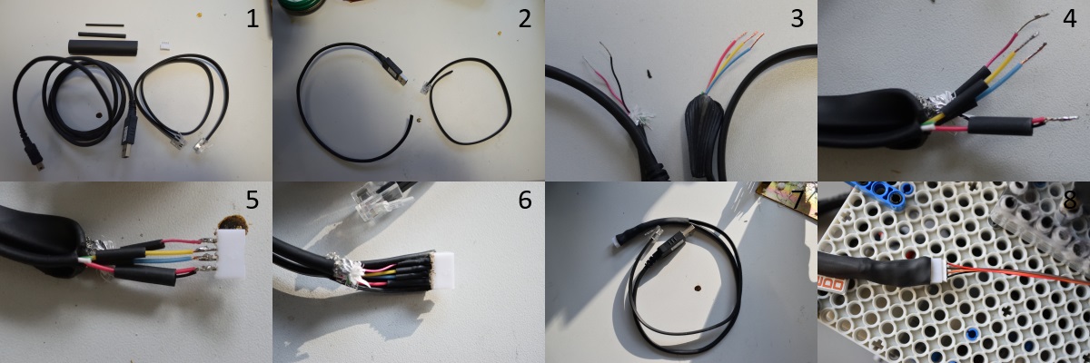 1 - materials 2 - cut the cables 3 - strip wire 4 - solder grounds 5 - solder connector 6 - heat shrink tubing 7 - the connector 8 - connected