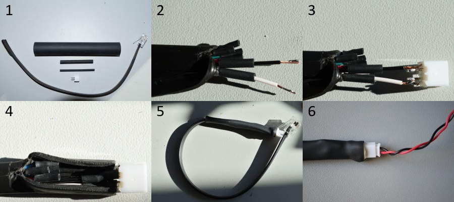 1 - materials 2 - strip wire 3 - solder connector 4 - heat shrink tubing 5 - the connector 6 - connected